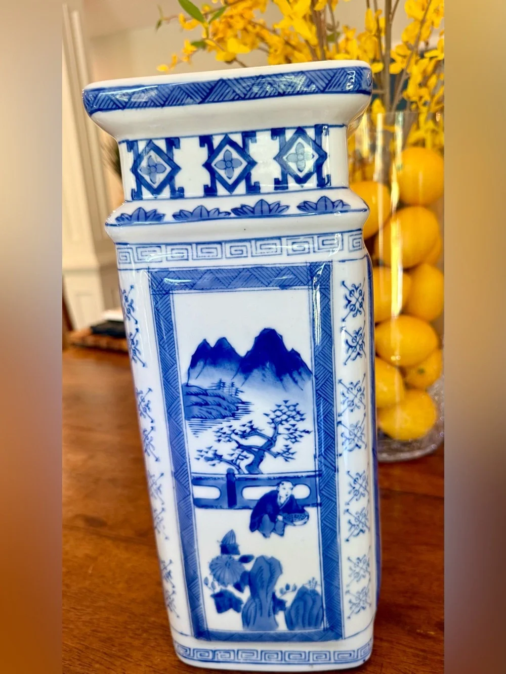 Vintage Chinoiserie Blue White Tall Vase Original Bombay Co Tag MINT Qianlong